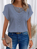 Women's Crew Neck Short-sleeve Casual Loose Top With Lace Splicing
