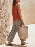 Women's Art Stylish Casual Top And Striped Pants Cotton Linen Two-piece Set