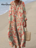 Women's Vintage Floral Pattern Art Print Sleeveless Cotton Pocket Wrap Dress
