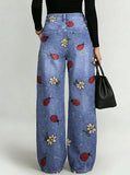 Ladybug And Daisy Decorative Pattern Women's Denim Pants