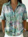 Artistic Oil-painting Floral Print Short-sleeve Collared Shirt With Half-button Placket