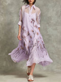 Women's Casual Loose Chiffon Dress Set: Collared 3/4-sleeve Dress With Placement Print