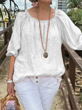 Women's Casual Solid Color Round Neck Pullover Cotton And Linen Shirt