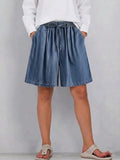 Washed Tencel Denim Wide-leg Mid-length Shorts With Elastic Drawstring Waist
