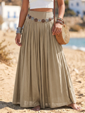 Boho Vacation-style Cotton-linen Maxi Skirt With Belt Detail