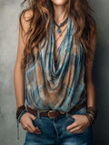 Women's Cowl-neck Sleeveless Loose-fit Casual Plaid Print Top