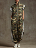 Women's camouflage print stand-collar short-sleeved casual loose cotton wide-leg jumpsuit
