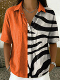 Women's Retro Color-block Printed Cotton-linen Short-sleeve Shirt