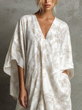White & Beige Floral Print Kaftan Dress