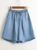Washed Tencel Denim Wide-leg Mid-length Shorts With Elastic Drawstring Waist