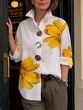 Casual Cotton Shirt With Decorative Buckle And Artistic Floral Print