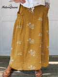 Women'sFlower Art PrintLinen Pocket Skirt