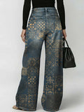 Women's Retro Floral Art Print Casual Stylish Hollow Denim Pants