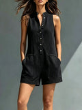 Women's Casual Solid-color Denim Jumpsuit With Stand Collar And Pockets