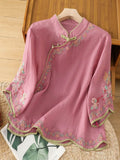Women's Stand-collar 3/4-sleeve Casual Loose Cotton-linen Embroidered Top