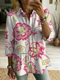 Women's Vintage Botanical Art Print Casual Cotton Shirt With Lapel Collar