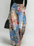 Women's Retro Flowers Print Casual Fashion Cutout Jeans