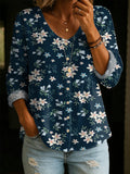 Women's Vintage Floral Art Print Linen-cotton Shirt