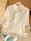 Women's Stand-collar 3/4-sleeve Casual Loose Cotton-linen Embroidered Top