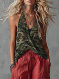 Women's Camouflage Print V-neck Sleeveless Casual Loose Cotton-linen Top