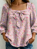 Colorful Floral Decorative Pattern Women's Long Sleeve Square Collar Linen Cotton Shirt