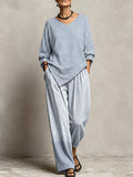 Women's Striped Print V-neck Long-sleeve Casual Loose Cotton-linen Top & High-waisted Wide-leg Pants Set