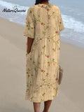 Women's Vintage Lovely Floral Art Print Pocket Linen Dress（Convertible Dress With Front And Back Option）