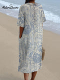 Women's Vintage Floral Art Print Pocket Linen Dress（Convertible Dress With Front And Back Option）