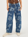 Women's Flower Print Loose-fit Mid-rise Straight-leg Jeans