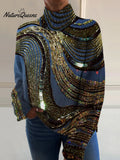 Luxurious Flowing Bead Art Print Knit Turtleneck Pullover Sweater