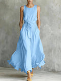 Women's Round-neck Sleeveless Waist-tie Dress