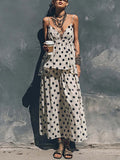 Women's Polka Dot Print Cotton-linen Set: V-neck Sleeveless Loose-fit Camisole & High-waisted A-line Skirt