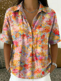 Women's Retro Botanical Print Casual Short-sleeve Linen-cotton Shirt With Polo Collar