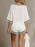 Women's Casual Cotton-linen Two-piece Set: Loose-fit V-neck Top With Half Sleeves & Elastic-waist Wide-leg Shorts