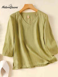 Women's V Neck Cotton and Linen Shirt