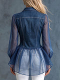 Women's Casual Loose-fit Denim-paneled Top With Lapel Collar And Long Sleeves