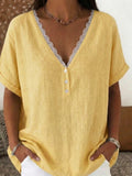 Solid-Color Short-Sleeve Top with Lace-Trimmed Collar