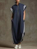Women's Relaxed Stand-collar Short-sleeved Casual Loose Cotton Wide-leg Jumpsuit