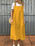 Women's Adjustable Shoulder Strap Pocket Cotton and Linen Dress
