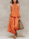 Women's Solid Color Art Stylish Casual Top And Pants Cotton Linen Two-Piece Set