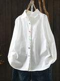 Women Spring Pure Color Turn-down Collar 100%Cotton Shirt