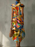 Colorful Geometric Mix-and-match Decorative Pattern Women's No Sleeve Bud Collar Linen Cotton Dress