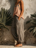 Front-button Camisole & Drawstring Harem Pants Cotton-linen Set