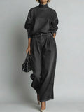 Women's Stand-collar Long-sleeved Casual Loose Denim Top And High-waisted Casual Loose Wide-leg Denim Pants Set.