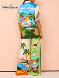 Women's Printed Short Sleeve Shirt And Trousers Casual Suit
