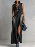 Casual Sleeveless Denim Dress With Slit