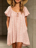 Women's Retro Lantern Short Sleeves Pink Floral Cotton-linen Mini Dress