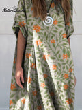 Women's Lovely Floral Art Print Linen Cotton Buttons Dress