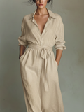 Women's Beige Linen Fabric Shirt Maxi Dress With Self-Tie Belt & Side Slit MDZ2103A1T