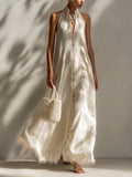 Casual Sleeveless Linen And Cotton Dress With Fringes